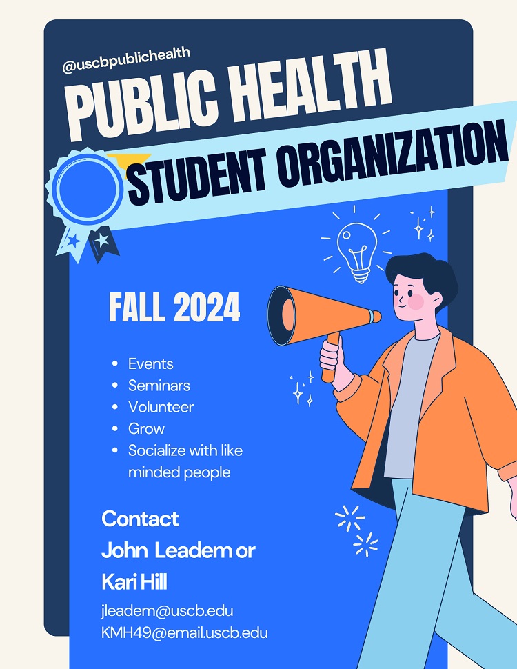 @uscbpublichealth Public Health Student Organization. Fall 2024: Events, Seminars, Volunteer, Grow, Socialize with like minded people. Contact John Leadem (jleadem@uscb.edu) or Kari Hill (KMH49@email.uscb.edu)).