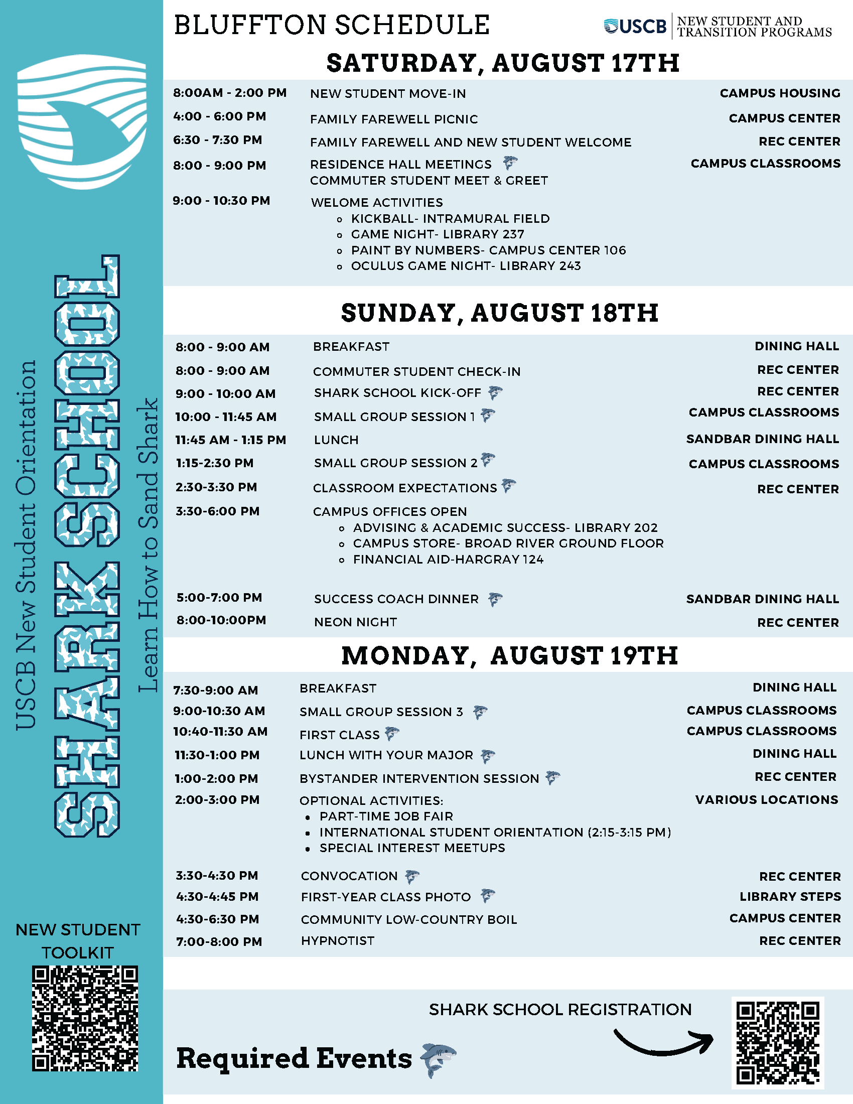 2024 Bluffton Campus Shark School Schedule  *denotes a required event  Saturday, August 17th  8:00 AM-2:00 PM New Student Move-in- Campus Housing  4:00-6:00 PM Family Farewell Picnic- Campus Center  6:30-7:30 PM Family Farewell and New Student Welcome- Rec Center  8:00-9:00 PM Residence Hall Meeting- Campus Classrooms*  Commuter Student Meet & Greet  9:00-10:30 PM Welcome Activities  · Kickball- Intramural Field  · Game Night- Library 237  · Paint by Numbers- Campus Center 106  · Oculus Game Night- Library 243  Sunday, August 18th  7:30-9:00 AM Breakfast- Dining Hall  8:00-9:00 AM Commuter Student Check-in- Rec Center  9:00-10:00 AM Shark School Kick-off- Rec Center*  10:00-11:45 AM Shark School Small Group Session 1-Campus Classrooms*  11:45 AM-1:15 PM Lunch- Sand Bar Dining Hall  1:15-2:30 PM Shark School Small Group Session 2- Campus Classrooms*  2:30-3:30 PM Classroom Expectations- Rec Center*  3:30-6:00 PM Campus Offices Open:  · Advising & Academic Success- Library 202  · Bursar- Hargray 136  · Campus Store- Broad River Ground Floor  · Financial Aid-Hargray 124  5:00-7:00 PM Success Coach Dinner- Sand Bar Dining Hall*  8:00-10:00 PM Neon Night- Rec Center  Monday, August 19th  7:30-9:30 AM Breakfast- Dining Hall  9:30-10:30 AM Small Group Session 3- Campus Classrooms*  10:40 AM-11:30 PM First Class- Campus Classrooms*  11:30-1:00 PM Lunch with Your Major- Sand Bar Dining Hall*  1:00-2:00 PM Bystander Intervention Session- Rec Center*  2:00-3:00 PM Optional Activities- Various Locations  · Part-time Job Fair  · Drunk Driving obstacle course  · Special Interest Meetups  3:30-4:30 PM Convocation- Rec Center*  4:30-6:30 PM Community Low-Country Boil- Campus Center  7:00-8:00 PM- Hypnotist- Rec Center