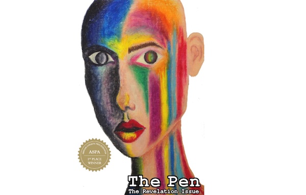 The Pen cover: a rainbow face done in color pencil