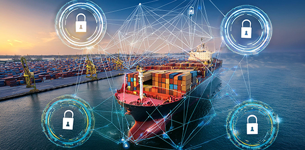 AI generated image of a container ship and cybersecurity