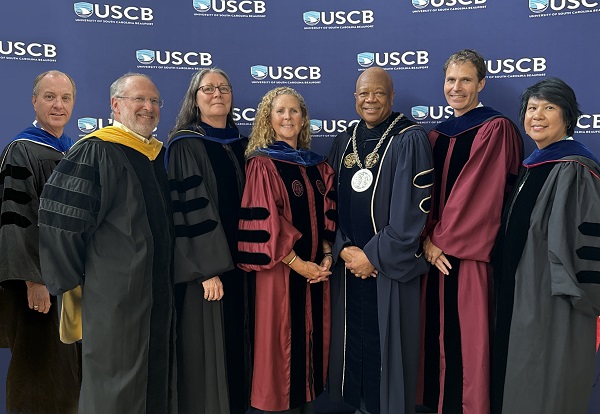 Six of the awardees gathered with Chancellor Al M Panu to celebrate this milestone. In picture from L to R: Sanders, Marlowe, Lahar, Malphrus, Panu, James, and Villena-Alvarez."